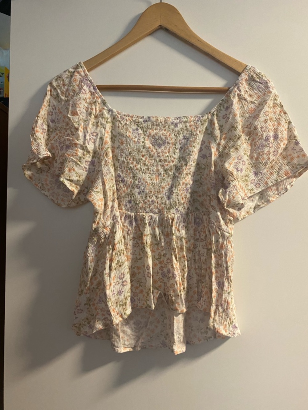 ☀️Floral Drawstring Peasant Top in Cream and Pastel Floral - Picture 3 of 3